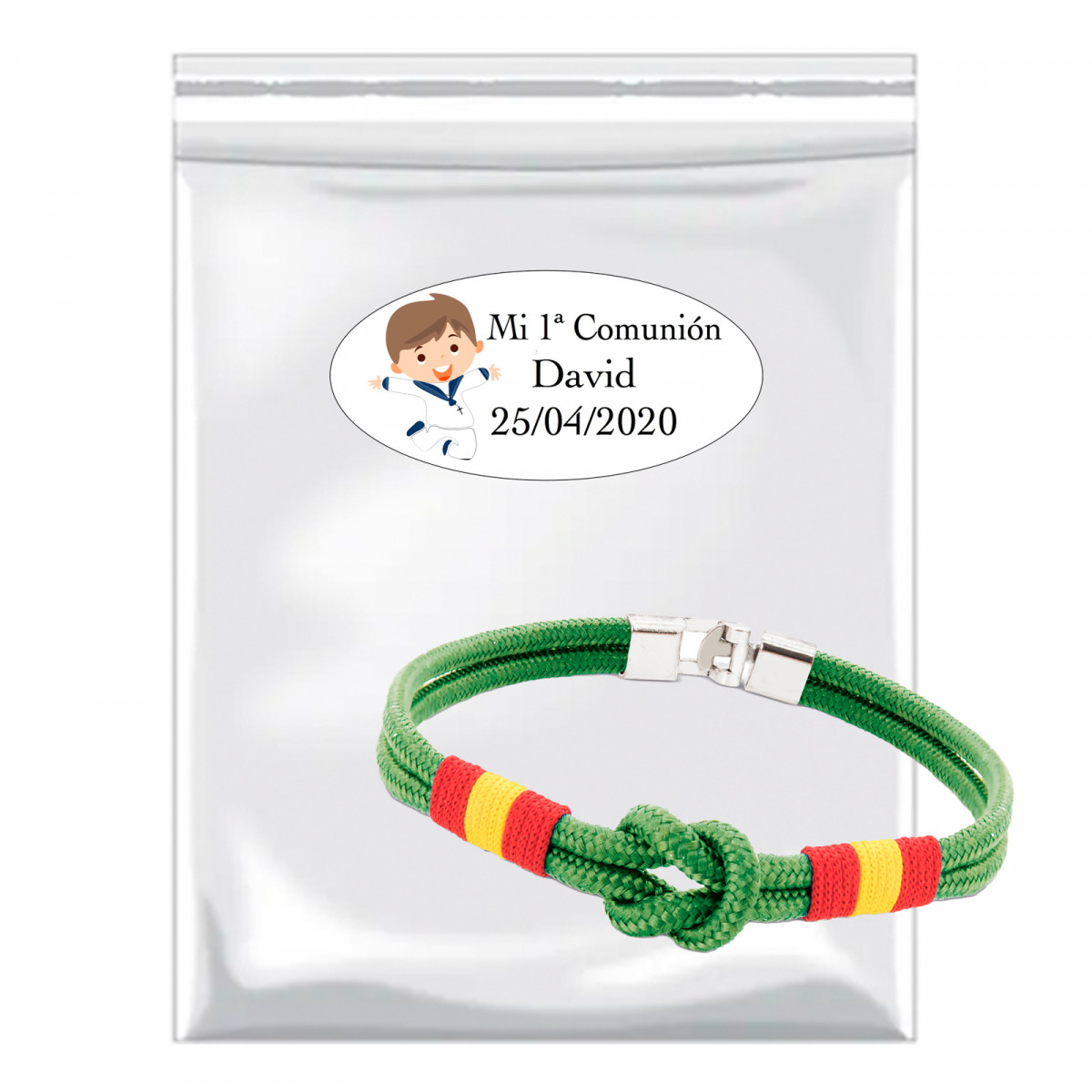 Bracciale in corda in busta trasparente con adesivo per la prima comunione per i dettagli