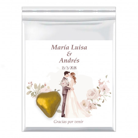 Bombon di cioccolato con biglietto di ringraziamento per gli sposi per i dettagli del matrimonio
