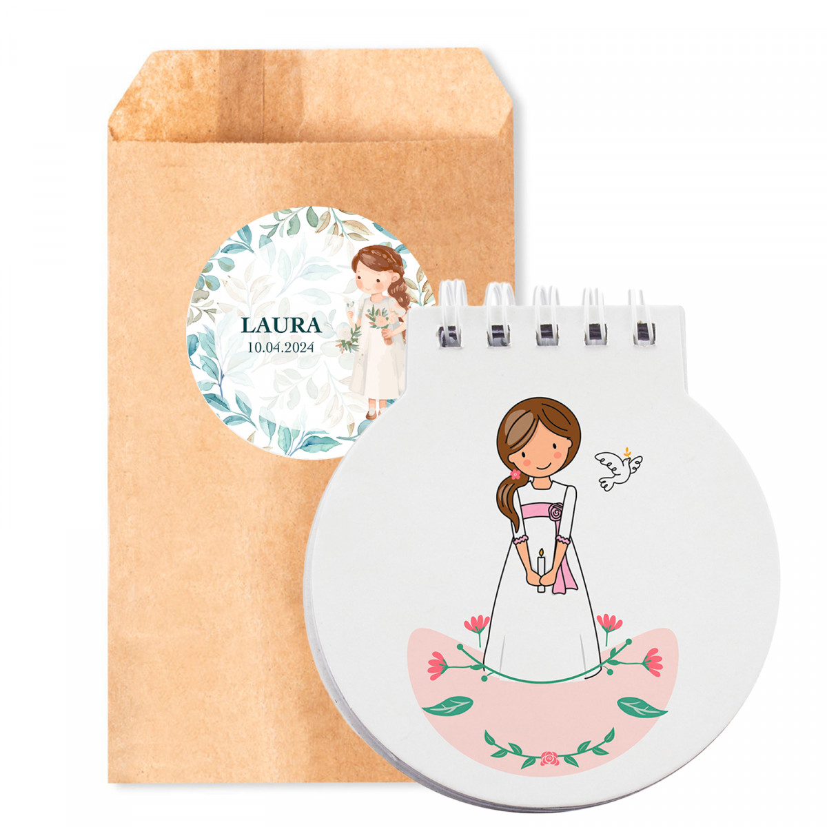 Quaderno per prima comunione bambina in busta kraft con adesivo personalizzato per dettagli