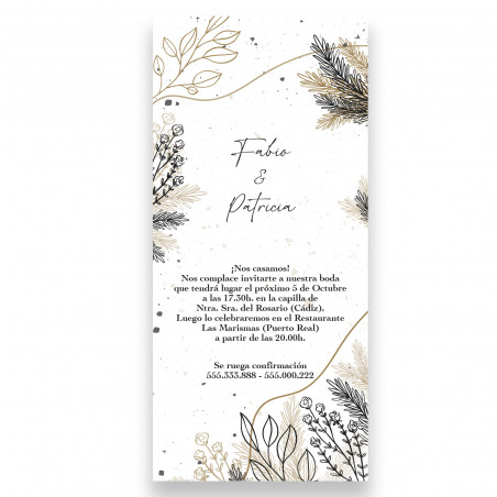 Invito carta verticale con design di fiori e foglie stampata su carta per matrimoni ed eventi