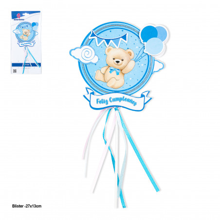 Topper di compleanno blu con orsetto