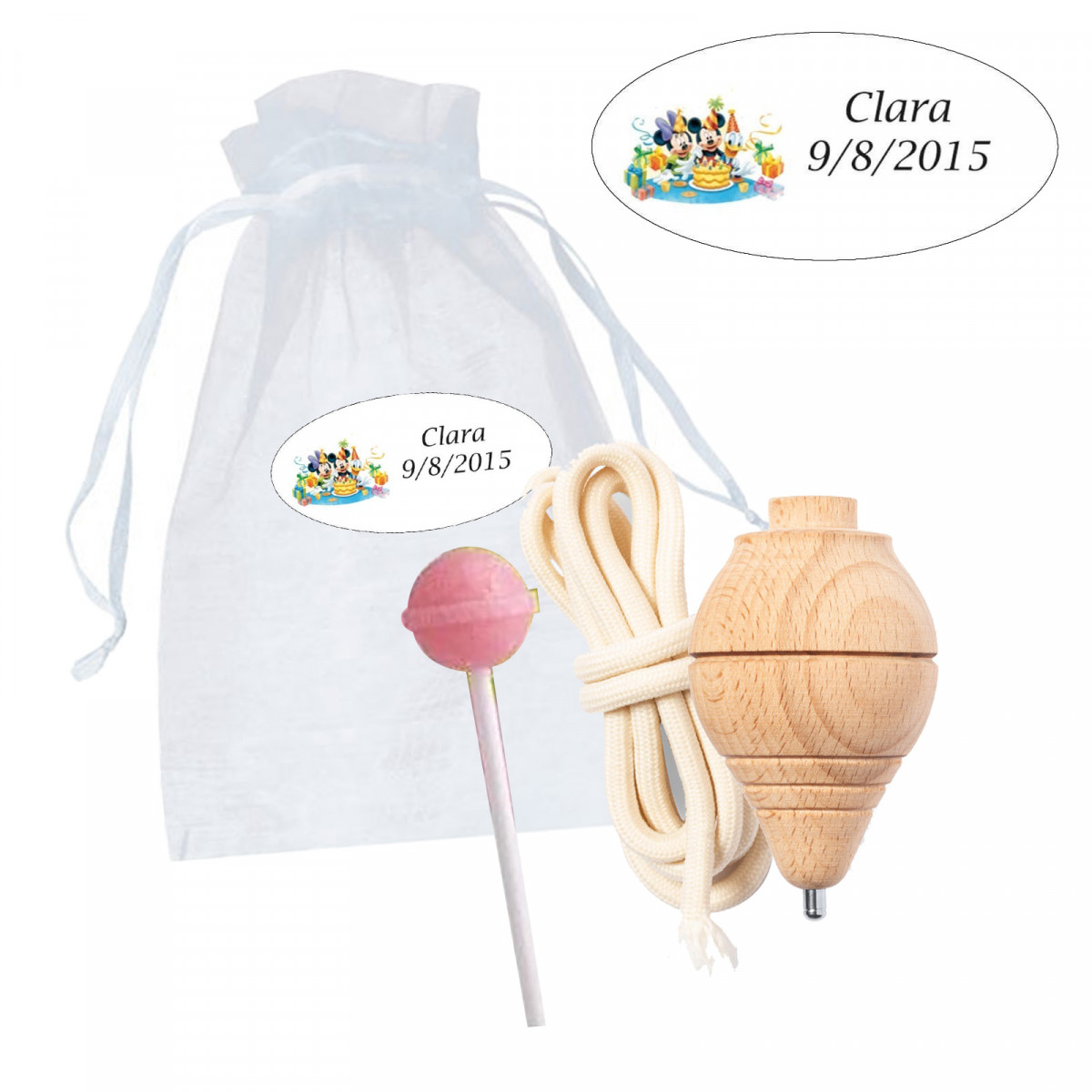 Piroetta di legno e lecca-lecca in borsa di organza con adesivo personalizzato di Topolino per compleanno
