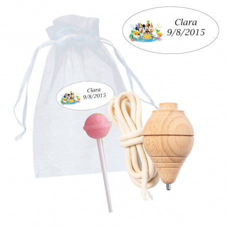 Piroetta di legno e lecca-lecca in borsa di organza con adesivo personalizzato di Topolino per compleanno