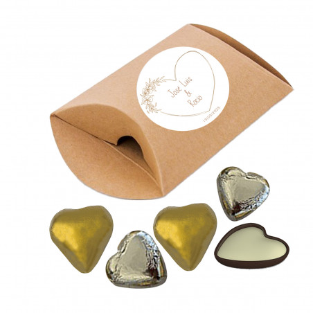 Cioccolatini al cioccolato 4 unità in scatola kraft con adesivo a forma di cuore personalizzato per matrimoni ed eventi