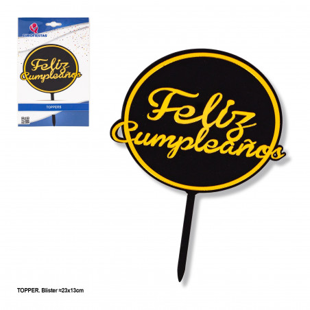 Topper di compleanno rotondo nero e dorato