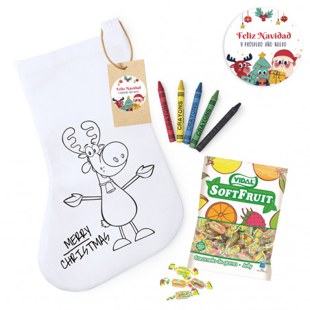 Calzino di Natale da colorare personalizzato con pastelli e sacchetto di caramelle dettaglio infantile