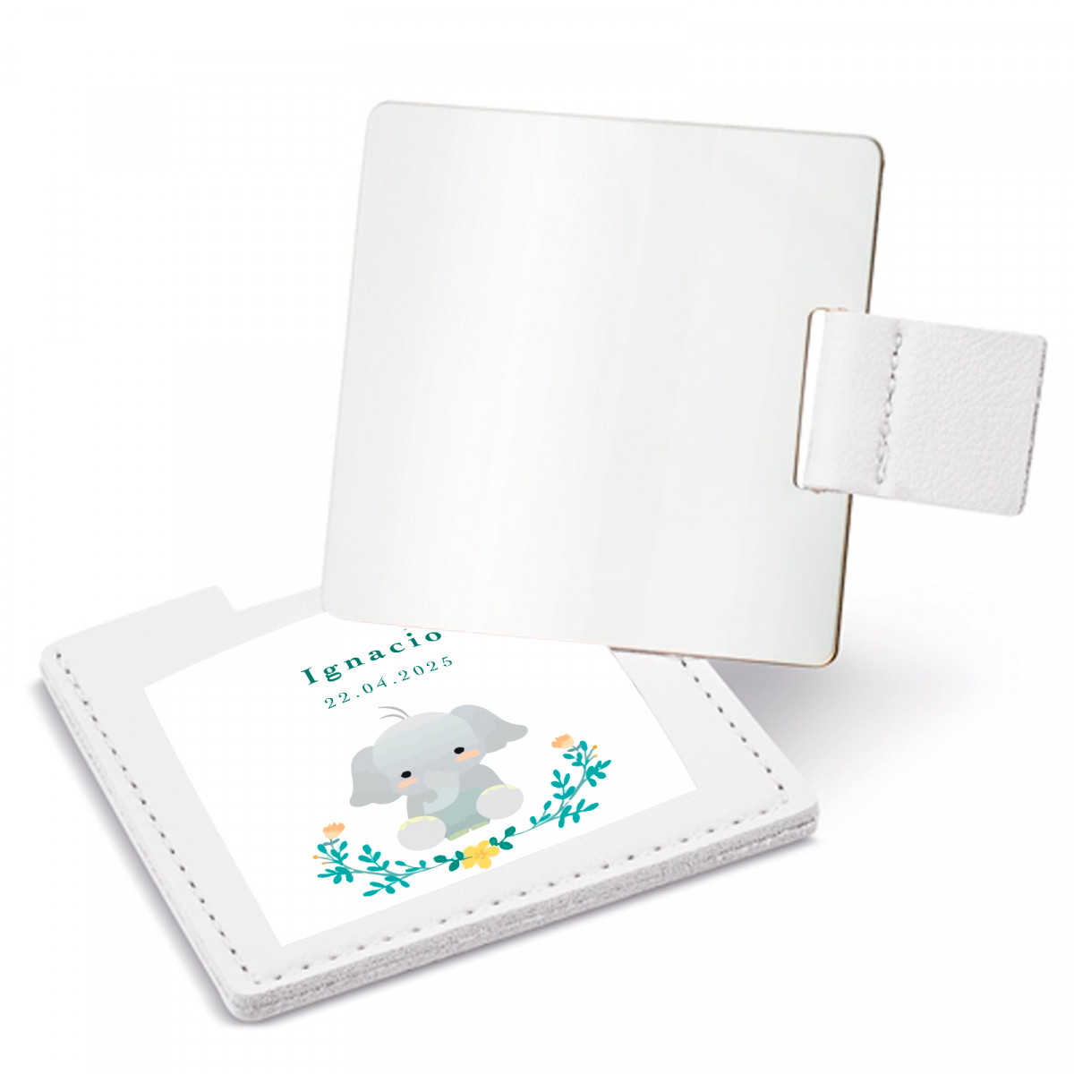 Specchio in astuccio con adesivo 5x5 cm design elefante personalizzato per dettagli
