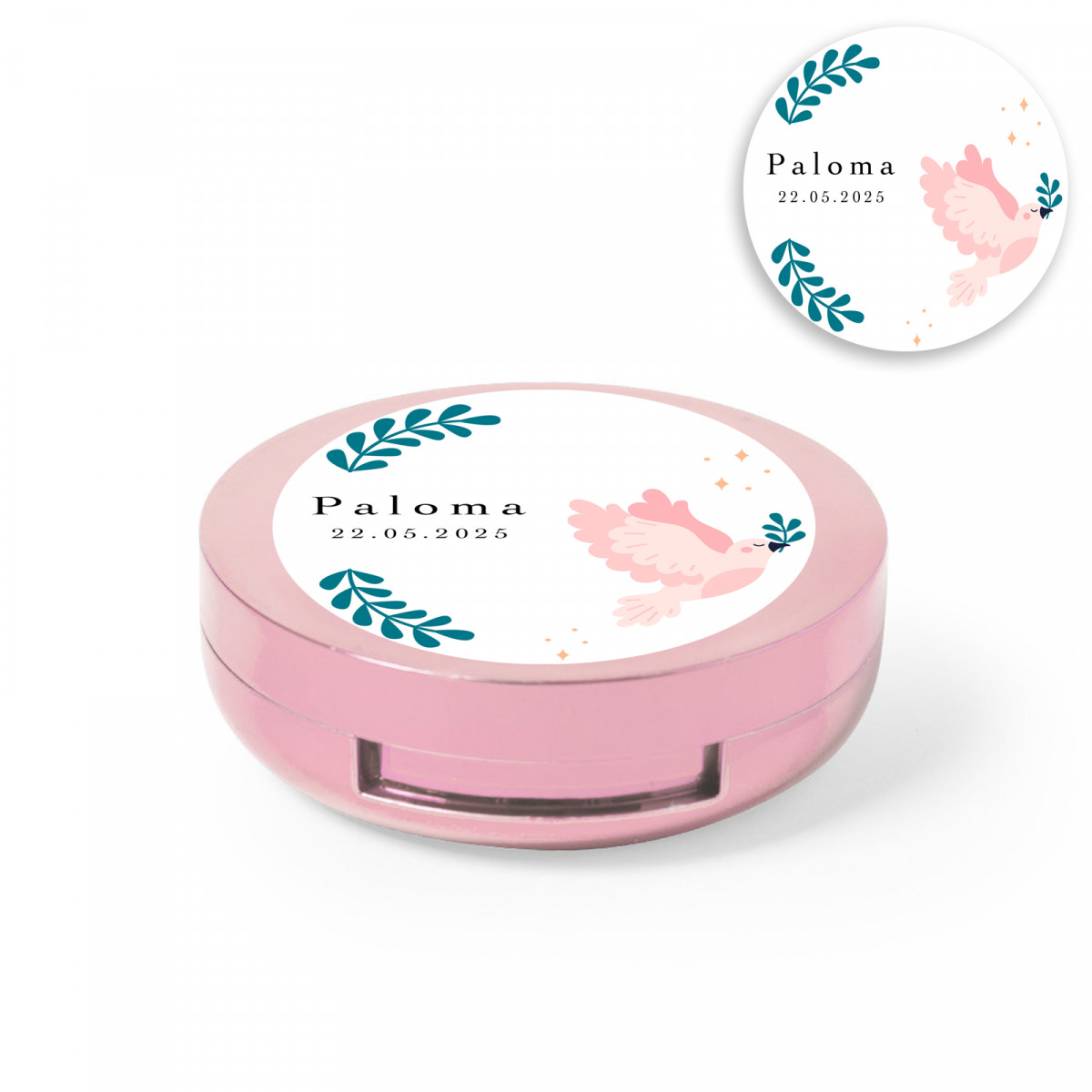 Balsamo labiale rosa con specchio integrato e adesivo personalizzato con colomba della pace