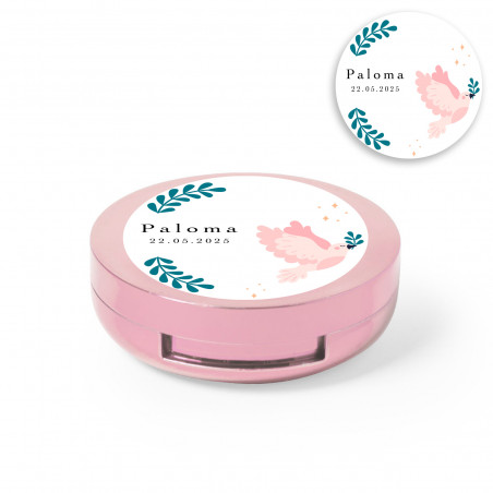 Balsamo labiale rosa con specchio integrato e adesivo personalizzato con colomba della pace