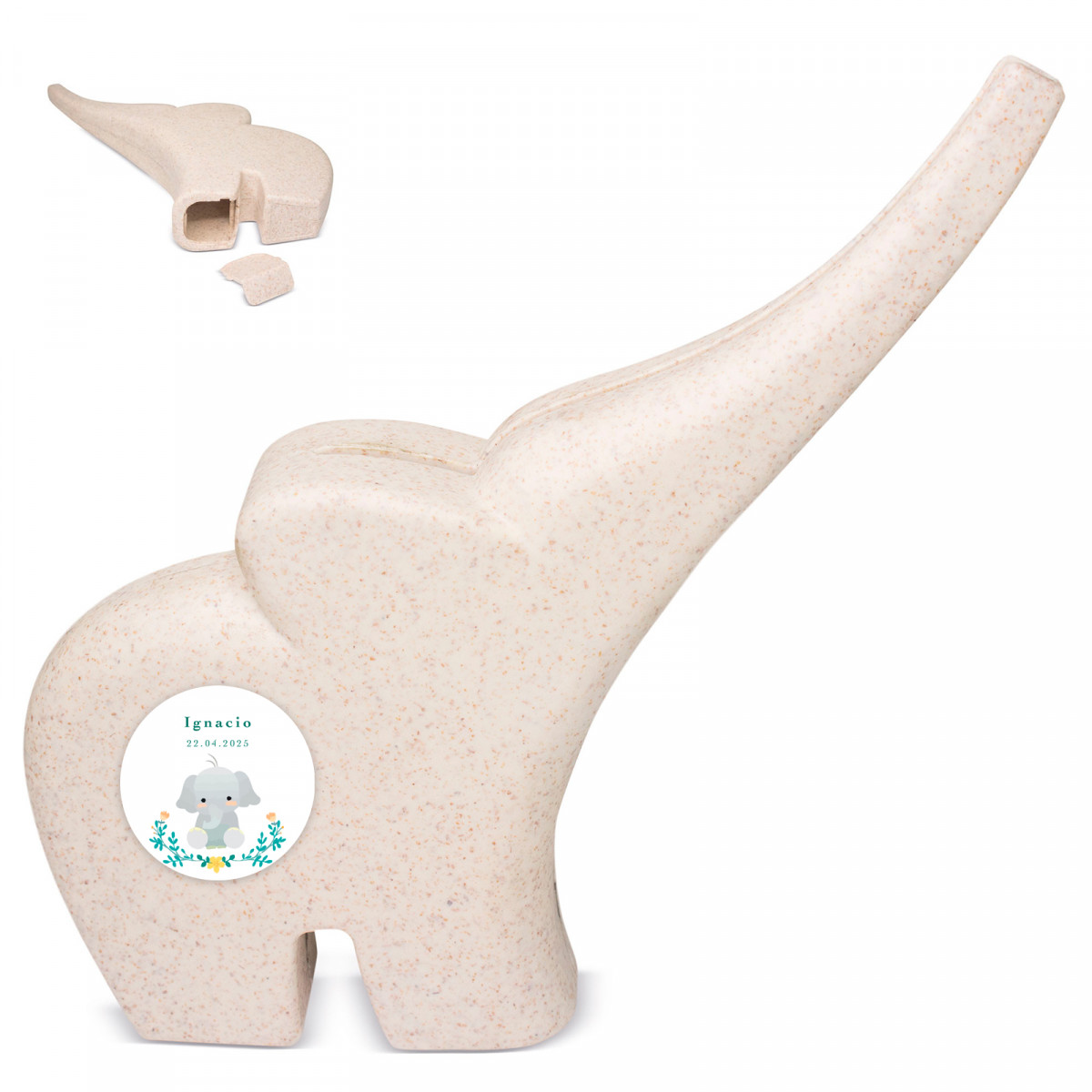 Hucha di elefante con adesivo personalizzabile per dettagli battesimo