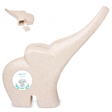 Hucha di elefante con adesivo personalizzabile per dettagli battesimo