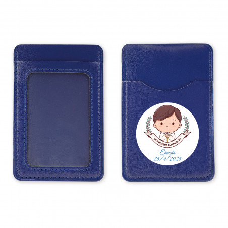 Porta biglietti blu con adesivo prima comunione per dettagli