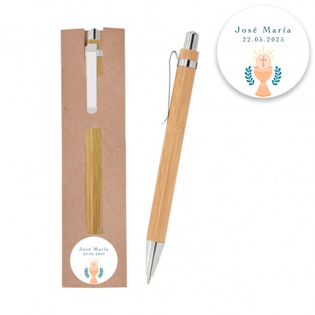Penna in bambù con astuccio personalizzato con adesivo design di calice per comunione