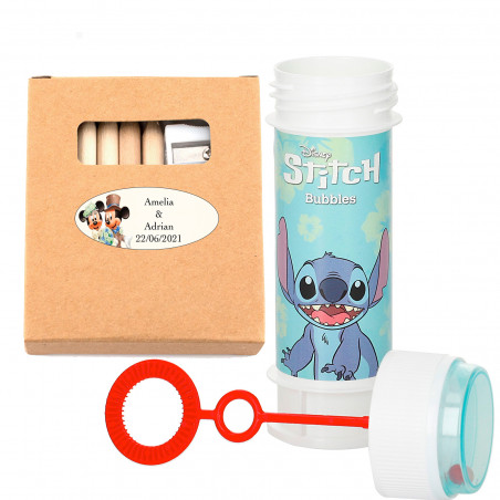Matite colorate con fogli da colorare in scatola personalizzata e bolle di sapone Stitch per dettagli matrimonio