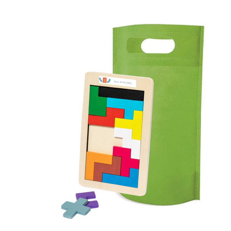 Puzzle tetris in legno personalizzato per comunione con borsa