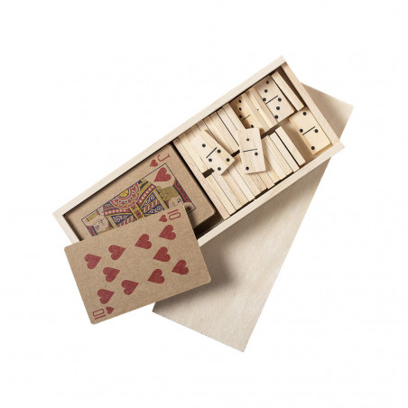 Gioco di carte e domino in astuccio di legno personalizzato con adesivo da regalare