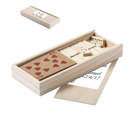 Gioco di carte e domino in astuccio di legno personalizzato con adesivo da regalare