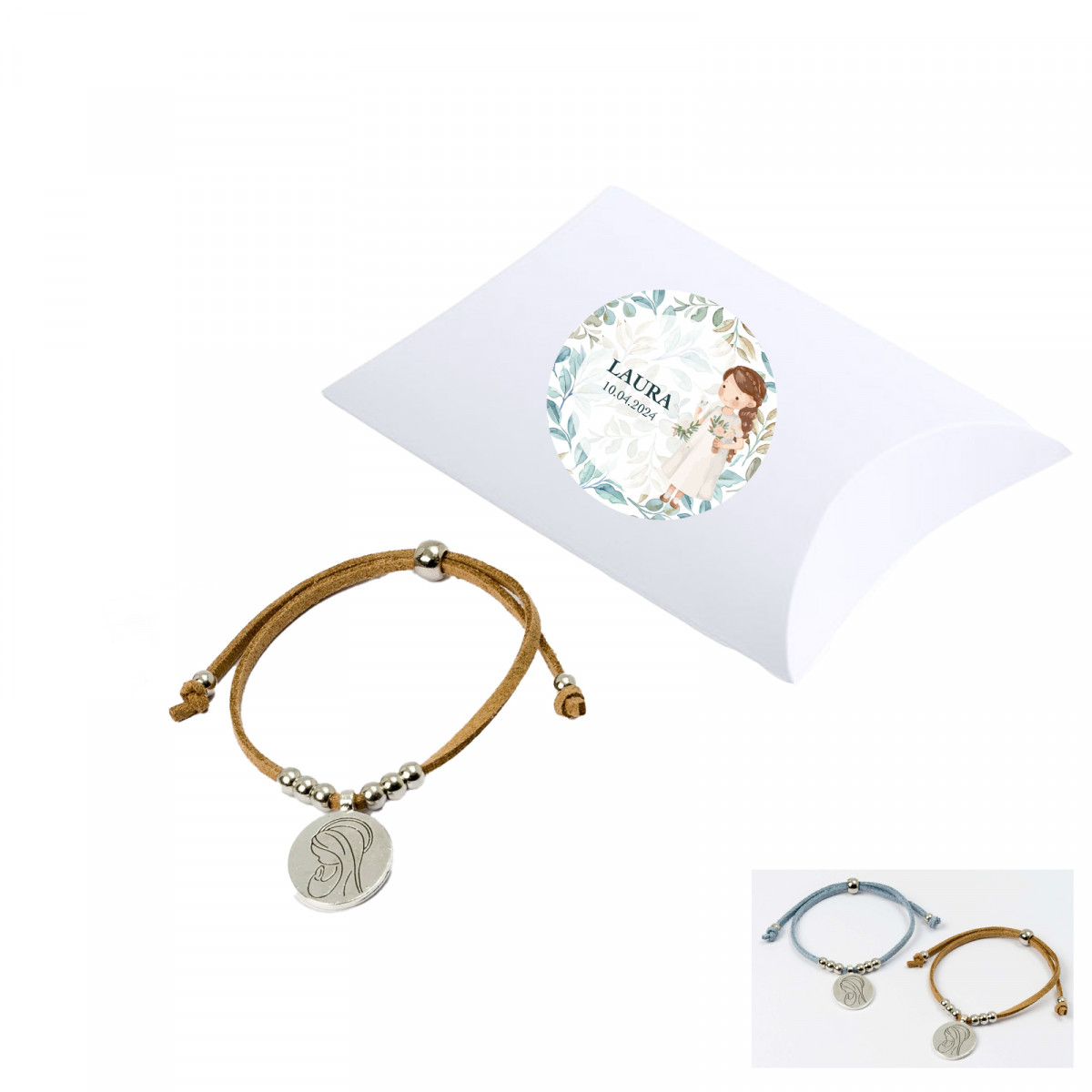 Bracciale con medaglia in scatola con adesivo per comunione per bambina