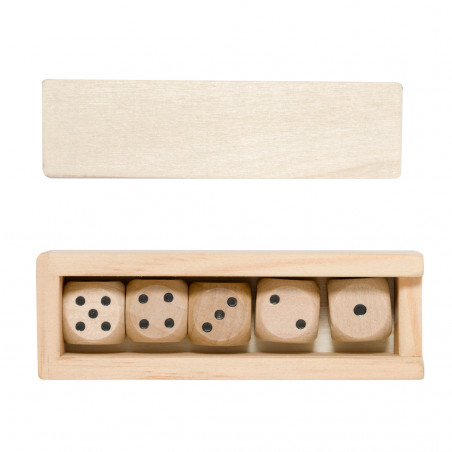 Gioco di dadi in legno in scatola personalizzata con adesivo di battesimo