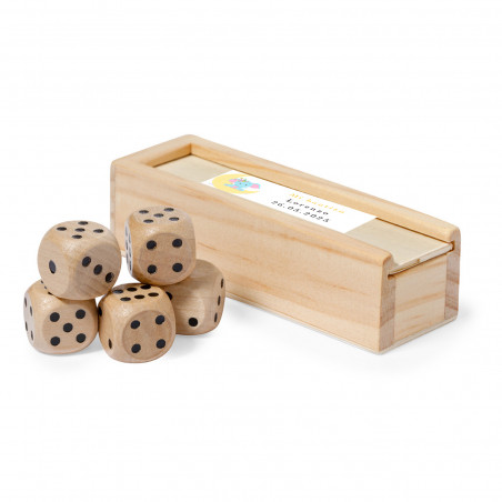 Gioco di dadi in legno in scatola personalizzata con adesivo di battesimo
