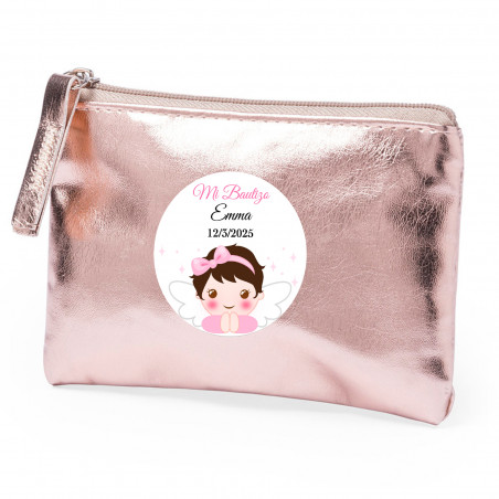 Portafoglio rosa personalizzato con adesivo per battesimo bambina per dettagli