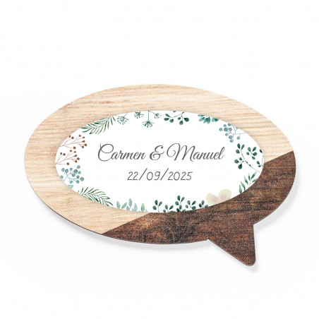 Magnete di legno con adesivo erboristico personalizzabile per dettagli matrimonio