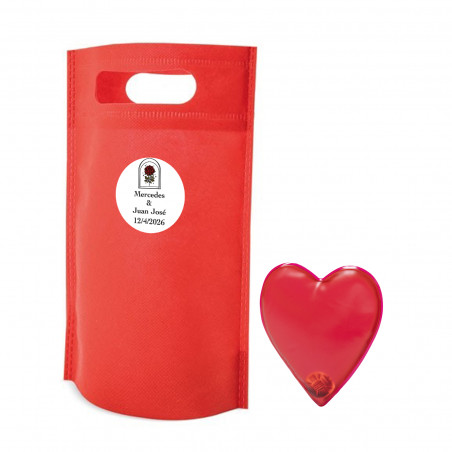 Scaldamani a forma di cuore rosso con borsa e adesivo personalizzato