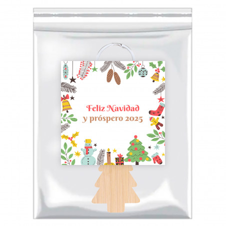 Portachiavi albero di Natale in legno in sacchetto con adesivo natalizio personalizzabile per dettagli