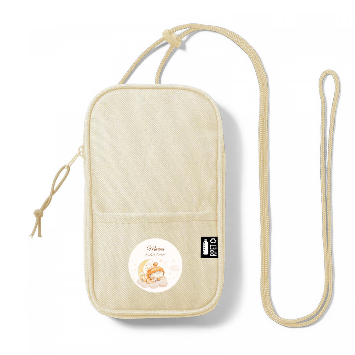 Porta cellulare beige con adesivo personalizzato per battesimo