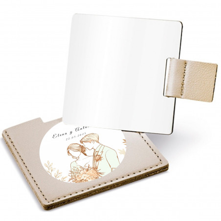 Specchio in custodia dorata con adesivo design sposi per dettagli matrimoni