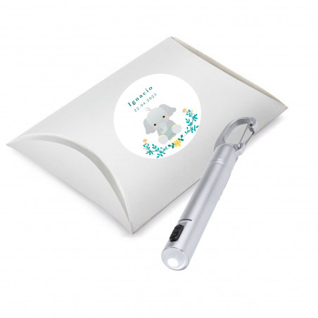 Penna argentata con torcia LED con scatola di cartone e adesivo per battesimo