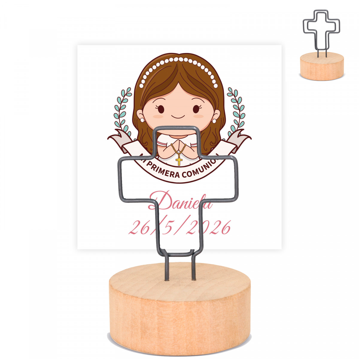 Portacarte croce con base in legno e biglietto prima comunione bambina