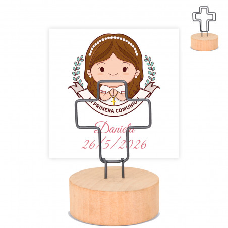 Portacarte croce con base in legno e biglietto prima comunione bambina