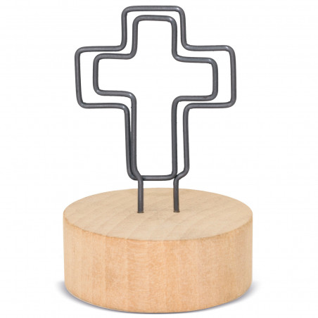 Portacarte croce con base in legno e biglietto prima comunione bambina