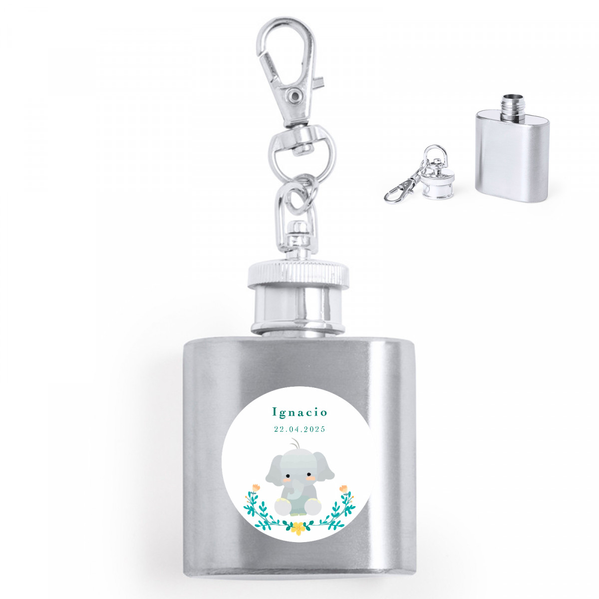 Portachiavi a forma di fiaschetta con adesivo design elefante personalizzabile per dettagli battesimi