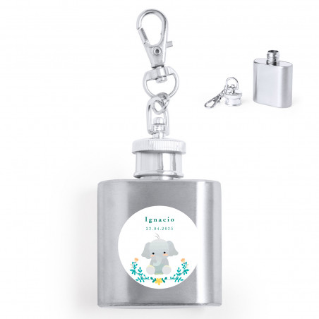 Portachiavi a forma di fiaschetta con adesivo design elefante personalizzabile per dettagli battesimi