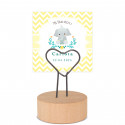 Portacarte a forma di cuore con base in legno e biglietto personalizzabile per dettagli battesimo