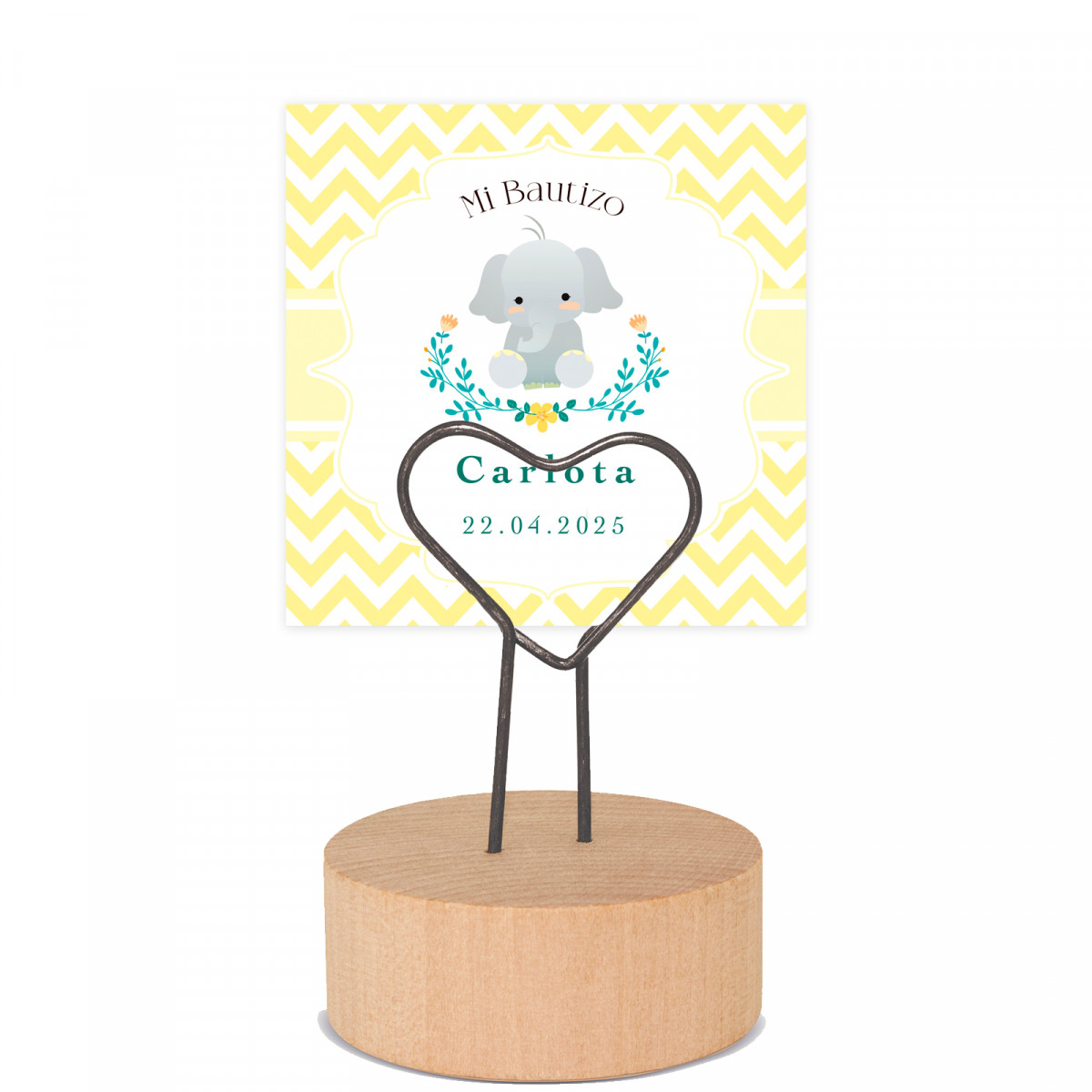 Portacarte a forma di cuore con base in legno e biglietto personalizzabile per dettagli battesimo