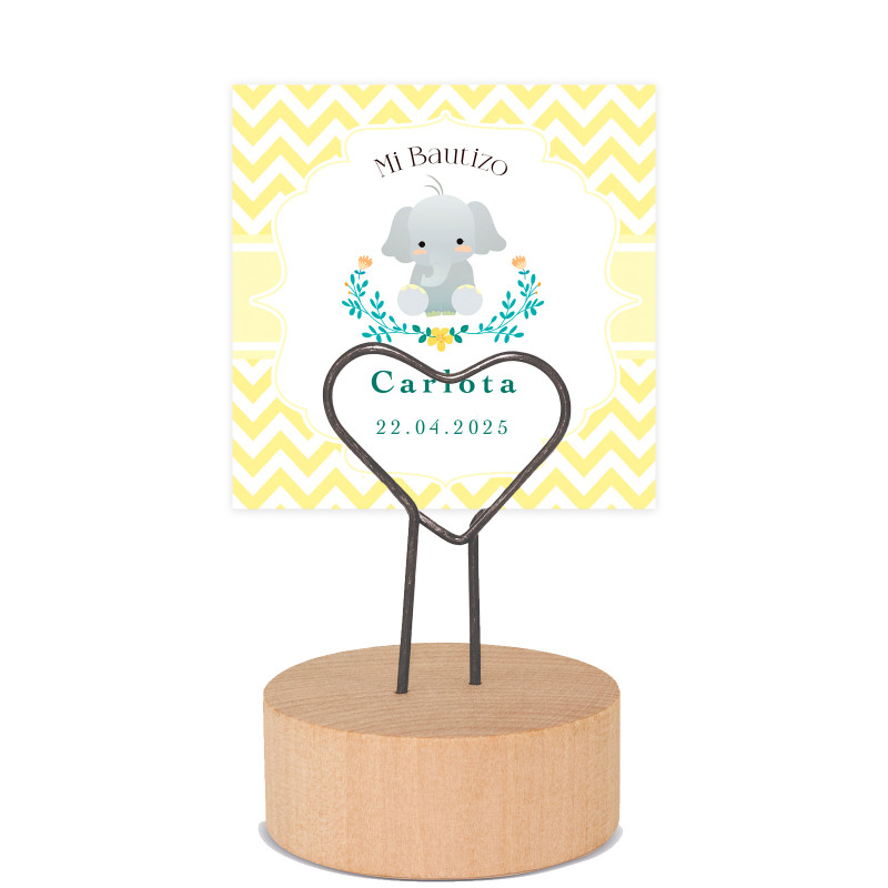 Portacarte a forma di cuore con base in legno e biglietto personalizzabile per dettagli battesimo