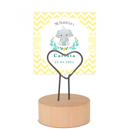Portacarte a forma di cuore con base in legno e biglietto personalizzabile per dettagli battesimo