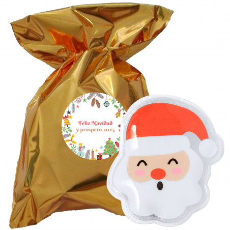 Scalda mani Babbo Natale in borsa metallizzata dorata e adesivo natalizio per dettagli