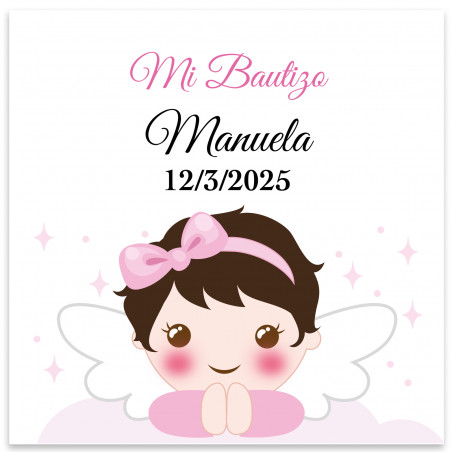 Adesivo quadrato 5x5 personalizzabile angelo bambina per battesimo