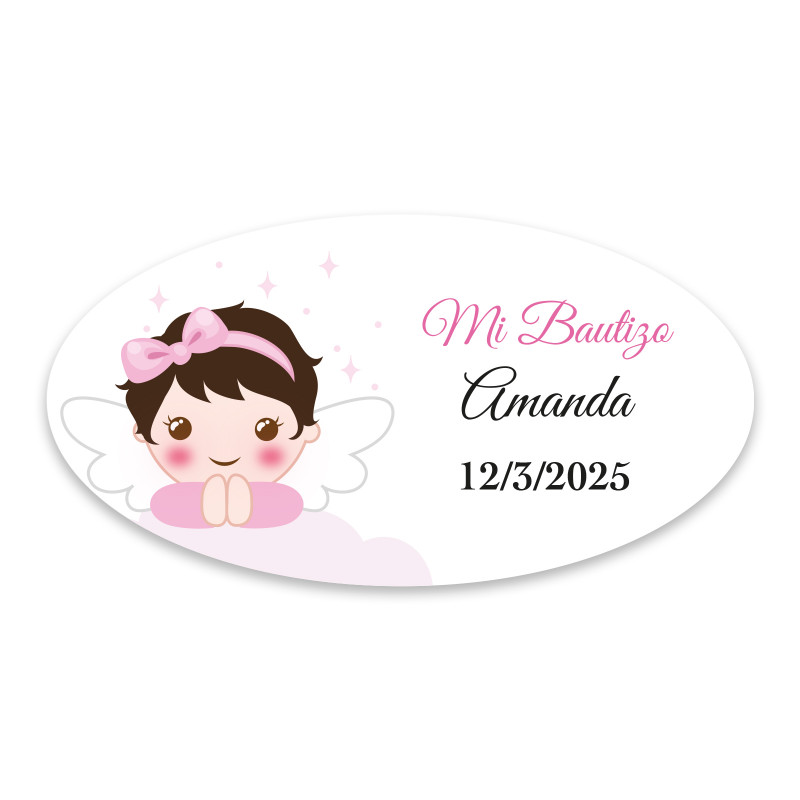 Adesivo ovale personalizzabile angelo bambina per battesimo