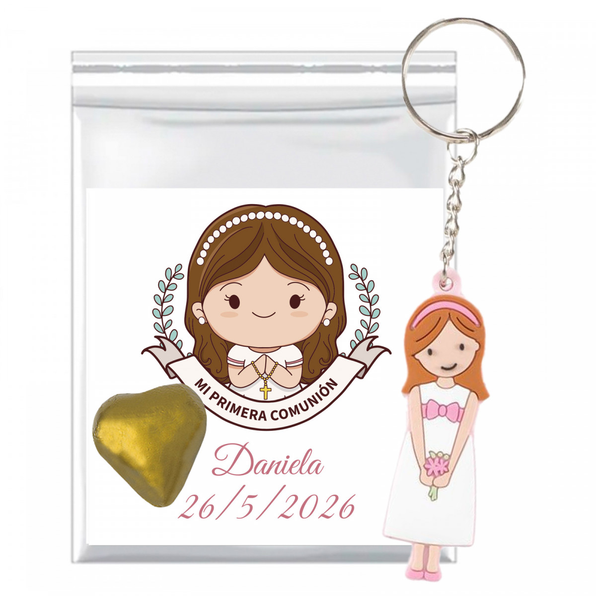Cuore di cioccolato con portachiavi di comunione e biglietto personalizzato per bambina
