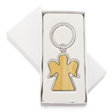 Portachiavi in bambù con bordi metallici a forma di angelo in sacchetto celeste con adesivo per battesimi