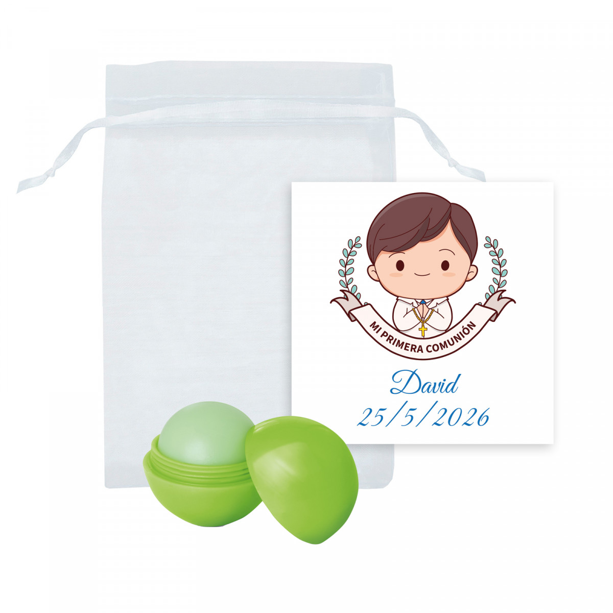 Balsamo labiale sferico verde in sacchetto di organza con biglietto per comunione di bambino