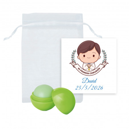 Balsamo labiale sferico verde in sacchetto di organza con biglietto per comunione di bambino