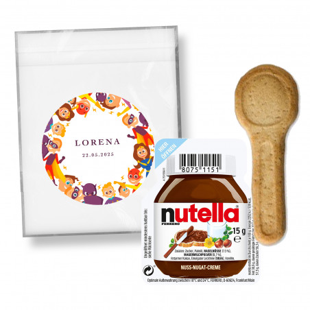 Nutella individual con cucchiaio di biscotto in busta personalizzata con adesivo di supereroi per dettagli