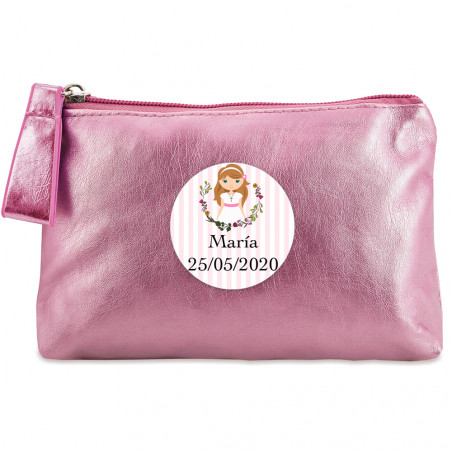 Necessaire rosa con adesivo per dettagli prima comunione bambina