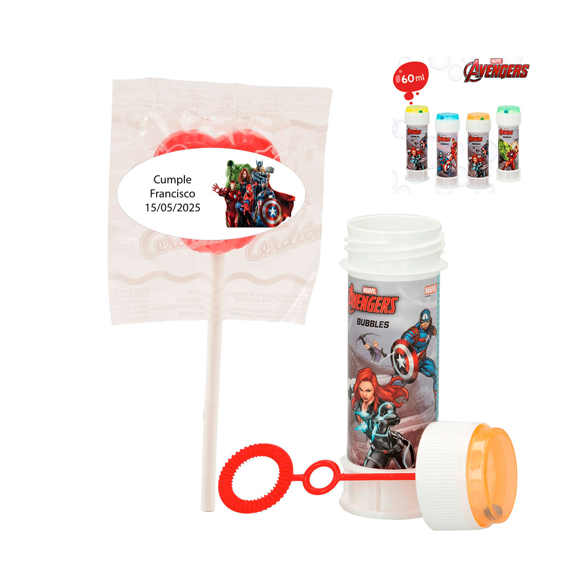 Pompero e lecca-lecca con adesivo degli Avengers personalizzabile per dettagli